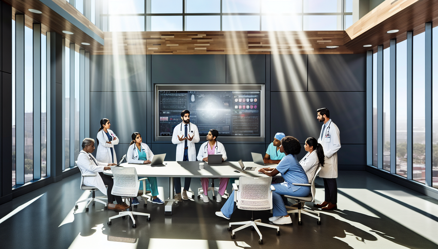 A diverse group of healthcare professionals, including doctors and nurses, gathers around a conference table in a modern hospital. They are engaged in a collaborative discussion with performance indicators displayed on a digital screen in the background. The well-lit room, filled with natural light, features laptops and tablets on the table, highlighting a focus on data and technology, symbolizing continuous improvement and quality projects in clinical management through effective improvement methodology.