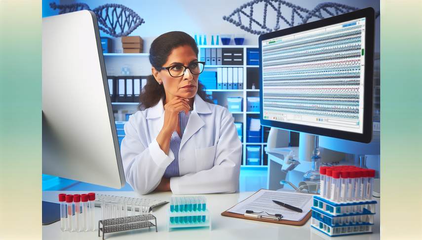 Doctora hispana de mediana edad en un laboratorio moderno, analizando una secuencia de ADN en una computadora, rodeada de tubos de ensayo y modelos de ADN, simbolizando la investigación avanzada en pruebas genéticas y diagnóstico diferencial.