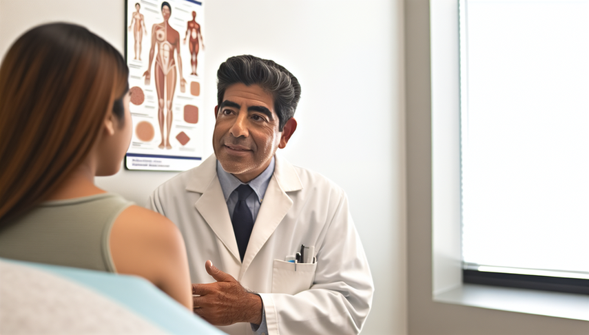 A middle-aged Hispanic dermatologist examines the skin of a young Hispanic patient during a medical consultation. The patient exhibits erythematous scaly plaques on her arm, characteristic of psoriasis, along with inflamed areas featuring small blisters, indicative of eczema. The professional and welcoming environment underscores the importance of accurate diagnosis in dermatology, particularly in managing conditions like psoriasis and eczema through effective topical treatment.