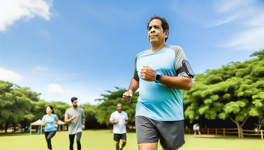Middle-aged Hispanic man running in a sunny park while wearing a smart bracelet that displays his heart rate and step count. The vibrant green environment features individuals of various ethnicities also engaging in physical activity. This image highlights the importance of physical activity monitoring and the role of technology in real-time data collection for pathology detection and health management.