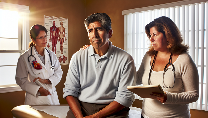 A middle-aged Hispanic man and woman are in a consultation with a Hispanic female doctor in her 40s. The man, wearing a light blue shirt, is seated on the examination table, while the woman, in a casual blouse, takes notes. The doctor, dressed in a white coat with a stethoscope, stands next to a chart on cardiac health and metabolism. This scene conveys trust and communication, essential for discussing the management of metabolic and cardiovascular side effects of quetiapine, an atypical antipsychotic associated with sedation, orthostatic hypotension, and weight gain.