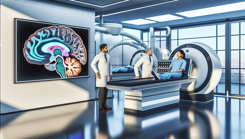 Sala de radiología moderna con equipo avanzado, donde un grupo diverso de profesionales médicos analiza una imagen 3D detallada de un cerebro humano en una pantalla digital. La imagen resalta vías neuronales en colores vibrantes, mientras un software de IA en un portátil cercano asiste en el análisis de datos. La escena refleja la colaboración entre tecnología y experiencia humana en el diagnóstico por imagen.