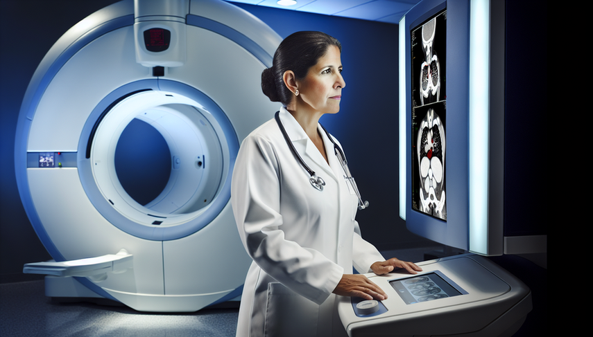 Una radióloga hispana de unos 40 años, con bata blanca, examina atentamente una pantalla digital con un escaneo 3D detallado de un torso humano, destacando áreas de posibles tumores. La sala de radiología moderna está equipada con tecnología avanzada, reflejando un enfoque profesional en la detección precoz de cáncer mediante IA.