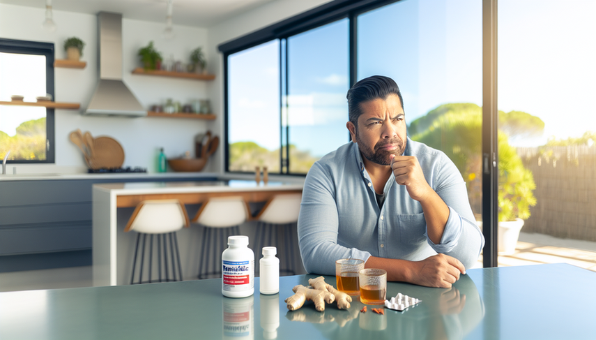 Middle-aged Hispanic man sitting in a modern kitchen, thoughtfully looking at a bottle of ranitidine on the table, alongside natural remedies like ginger and chamomile tea, highlighting alternative treatment options for reflux and potential adverse reactions.
