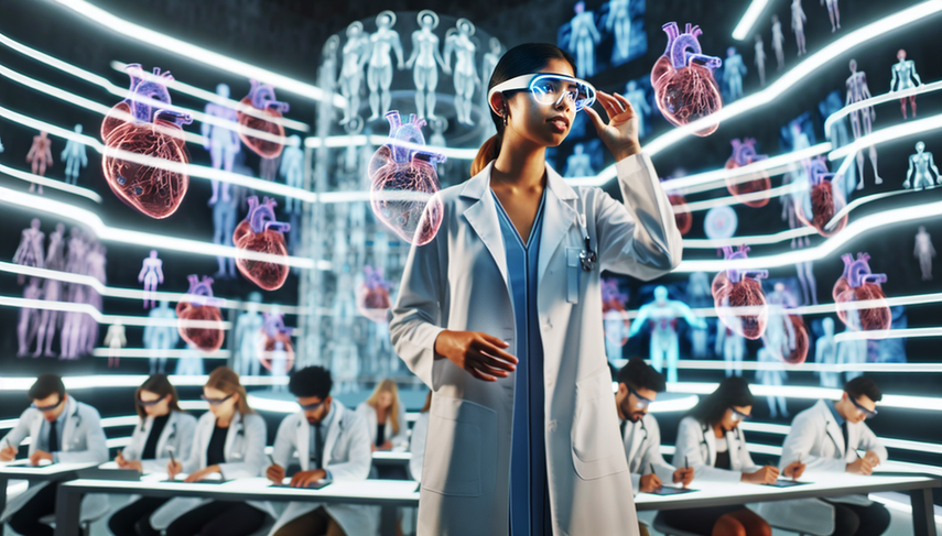 Una joven doctora hispana con bata blanca y gafas inteligentes interactúa con un holograma 3D de un cuerpo humano en una sala de entrenamiento médico moderna. Alrededor, estudiantes de medicina observan y toman notas en tabletas digitales, destacando el uso de realidad aumentada para la educación médica y el diagnóstico.