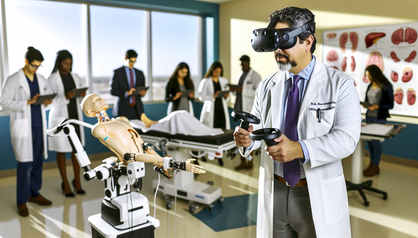 Sala de formación médica moderna con tecnología avanzada. Un médico hispano de unos 40 años, con bata blanca y gafas, interactúa con un casco de realidad virtual, sosteniendo los controladores. A su lado, un simulador quirúrgico robótico está listo para una demostración. Un grupo diverso de estudiantes de medicina observa atentamente, tomando notas en tabletas. La escena resalta la innovación en la educación médica y el diagnóstico preoperatorio mediante tecnologías inmersivas.