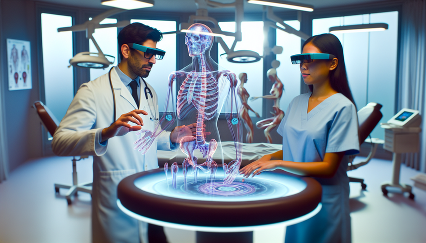 A diverse group of medical professionals in a modern hospital room, utilizing smart glasses and a holographic display of the human body. The augmented reality technology stands out, showcasing anatomical structures in vibrant colors. The clean and organized environment symbolizes innovation in clinical training and the future of virtual surgeries, highlighting the evolution of the doctor of the future.