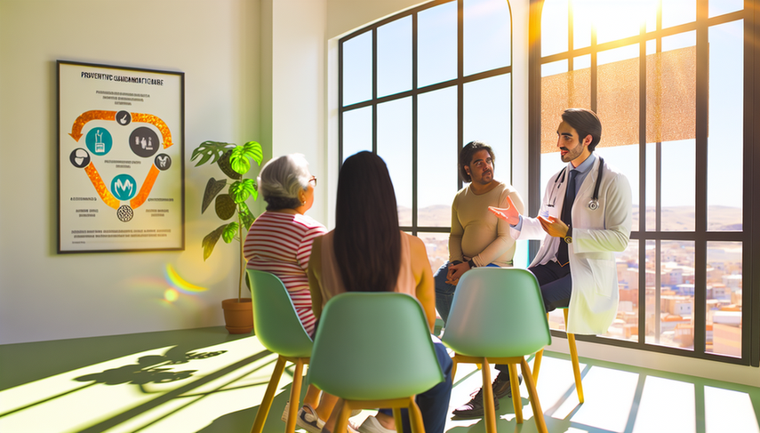 Bright medical clinic in Spain featuring a Spanish doctor in a white coat engaging with a diverse group of patients. The doctor points to a poster highlighting preventive medicine tips, including healthy eating and regular exercise. The scene conveys trust and proactive health management, emphasizing the importance of health prevention and timely detection in public health measures.