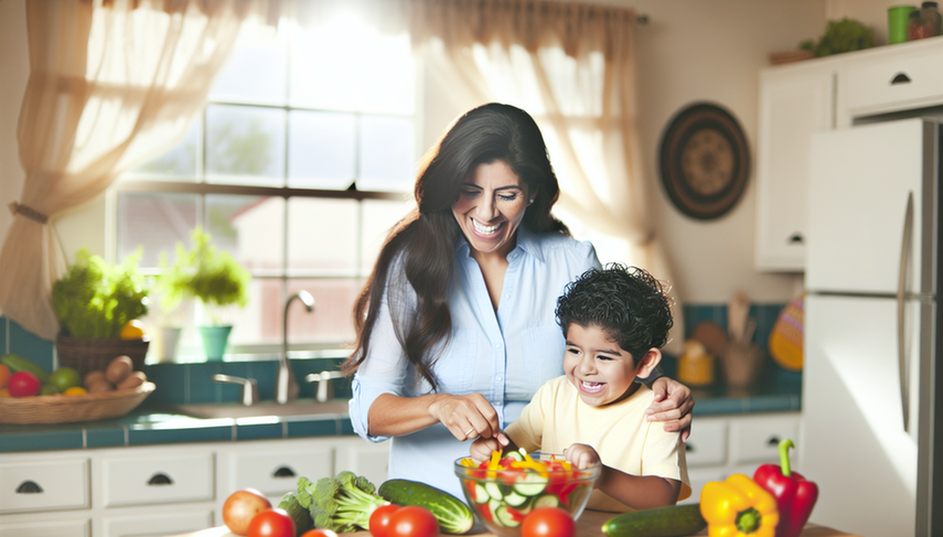 A Hispanic mother and her young child prepare a colorful salad in a bright kitchen, surrounded by fresh vegetables. This scene emphasizes the importance of nutritional recommendations and dietary balance for preventing deficiencies and promoting healthy growth in children.
