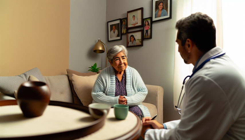Una mujer hispana mayor, de aproximadamente 75 años, está sentada en un sillón, conversando con un médico hispano de mediana edad que lleva una bata blanca y un estetoscopio. El médico está arrodillado a su lado, tomando notas en un portapapeles. La escena resalta la importancia de la evaluación funcional temprana para identificar la fragilidad en adultos mayores.