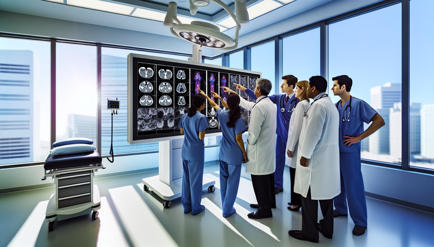 Un grupo diverso de médicos, hombres y mujeres de diferentes etnias, se encuentra reunido en una sala de examen médico moderna y bien iluminada. Están concentrados en una pantalla digital grande que muestra datos médicos complejos y diagramas, discutiendo colaborativamente. La atmósfera refleja trabajo en equipo y enfoque en el reconocimiento temprano de síndromes complejos.