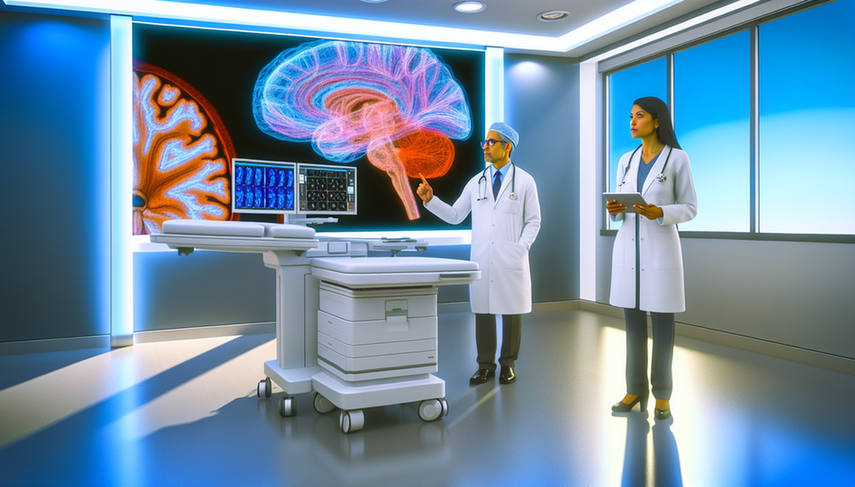 A Hispanic male physician in his 40s, wearing a white coat and glasses, points to a computer screen displaying a 3D brain MRI with highlighted neural networks. Next to him, a Hispanic female physician in her 30s reviews data on a digital tablet. The scene illustrates the use of advanced technology, including deep learning, in the diagnosis of neurological disorders.
