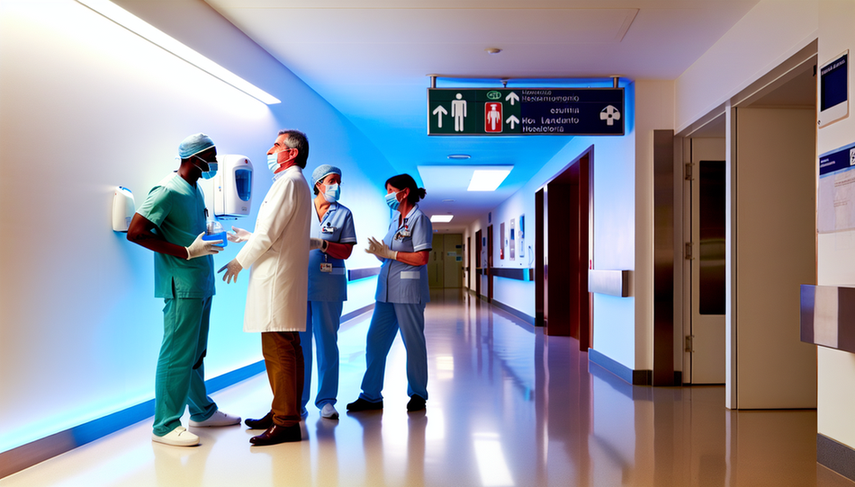 Un pasillo de hospital moderno en España, donde un grupo diverso de profesionales de la salud, incluyendo un médico hispano, una enfermera europea y un celador afro-español, discuten cerca de un dispensador de desinfectante de manos. Todos llevan mascarillas y guantes, destacando el compromiso con la higiene para reducir infecciones intrahospitalarias. Al fondo, una mujer hispana limpia el suelo, subrayando la importancia de la limpieza en el control de infecciones.