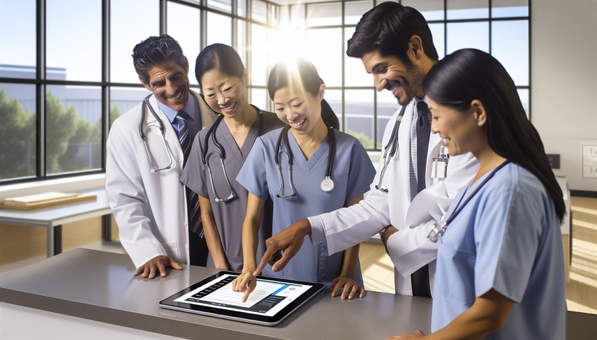 A diverse group of healthcare professionals, including a Hispanic physician, an Asian nurse, and an African American administrator, gathers around a digital tablet displaying a form with an electronic signature option. The modern and organized workspace highlights the transition towards digital solutions in healthcare administration, emphasizing paperwork reduction and greater efficiency through form digitization.