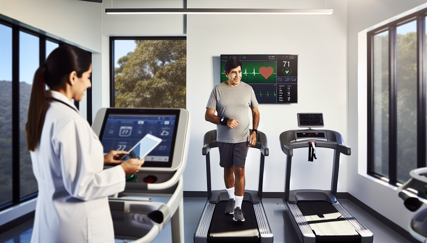 A middle-aged Hispanic man walks on a treadmill in a modern cardiac rehabilitation clinic, while a Hispanic female doctor observes health data on a digital screen. The man wears a wrist device that monitors his heart rate, and the doctor holds a tablet, highlighting the use of advanced technology for personalized follow-up and continuous monitoring to enhance clinical outcomes in cardiac rehabilitation.