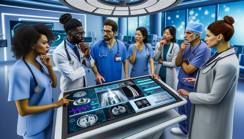 A diverse group of doctors discusses in front of a digital screen in a modern hospital, analyzing a diagnostic algorithm with a highlighted potential error. The scene reflects a high-tech and collaborative environment, emphasizing legal liability, diagnostic errors, and the role of AI in medicine.