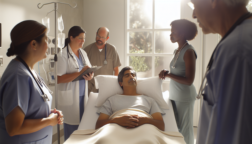 Habitación de hospital iluminada por luz natural, con un paciente hispano de mediana edad en la cama, rodeado por un equipo diverso de profesionales de la salud. La doctora hispana sostiene un portapapeles, el enfermero afroamericano escucha atentamente y la ética médica asiática gesticula suavemente, simbolizando un diálogo respetuoso. La escena refleja compasión, respeto y consideración ética, con un jardín tranquilo visible por la ventana.