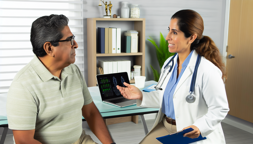 Un hombre hispano de mediana edad en una consulta médica, escuchando atentamente a una doctora hispana que le explica con una sonrisa tranquilizadora. En el escritorio hay gráficos médicos, simbolizando la discusión sobre el uso de risperidona y el monitoreo de la prolactina en pacientes psiquiátricos.