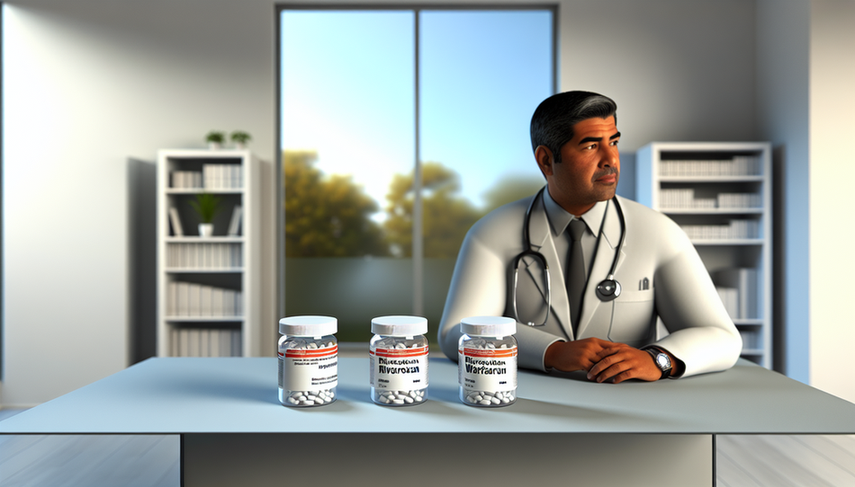 A middle-aged Hispanic physician in a white coat and stethoscope carefully examines two pill bottles labeled 'Rivaroxaban' and 'Warfarin' in a calm medical environment. The image emphasizes the thoughtful consideration of anticoagulant therapy options, highlighting the comparison between direct oral anticoagulants and traditional anticoagulants, with a focus on bleeding risks and monitoring in patients with atrial fibrillation.