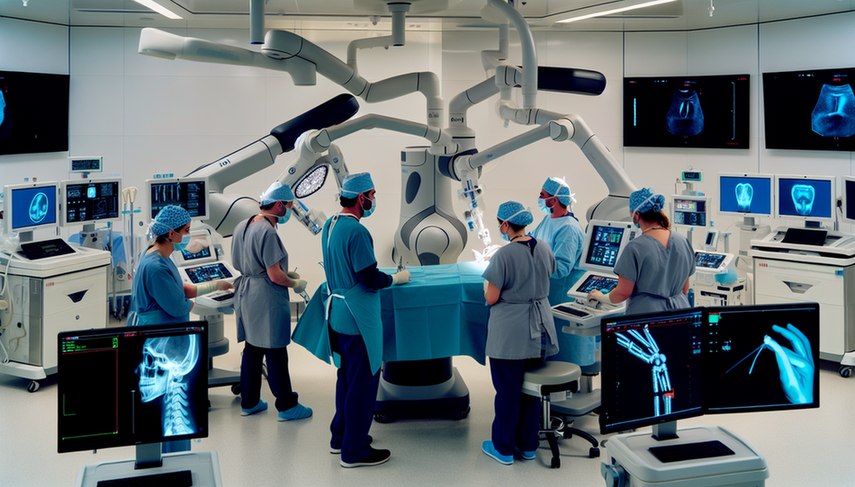 A state-of-the-art operating room in a hospital in Spain, where an advanced robotic system performs delicate surgery under the supervision of a diverse team of surgeons and technicians. The professionals, dressed in modern surgical attire, monitor digital screens displaying real-time data and 3D visualizations of the procedure, highlighting the integration of AI in operating rooms and automation in modern surgery.