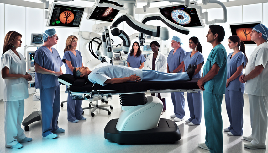 Un quirófano moderno con equipo quirúrgico robótico avanzado. Un brazo robótico realiza una cirugía en un paciente hispano de mediana edad, rodeado por un equipo diverso de cirujanos y enfermeras que monitorean el procedimiento. Pantallas digitales muestran datos en tiempo real, destacando la precisión y eficiencia de la cirugía robótica.