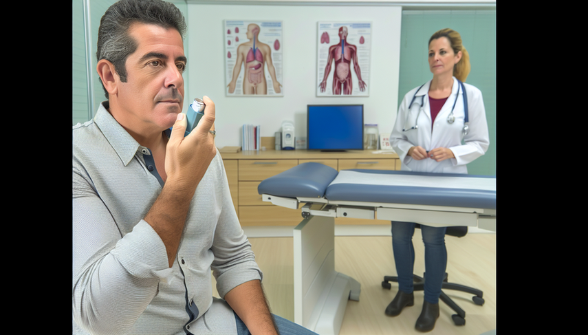 Middle-aged Hispanic patient in a medical office holding a salbutamol inhaler, looking pensive. In the background, a Hispanic doctor in a white coat with a stethoscope stands next to a medical chart. The setting is professional and modern, highlighting the importance of bronchodilators in managing asthma, while considering potential side effects like tachycardia, tremor, and hypokalemia.