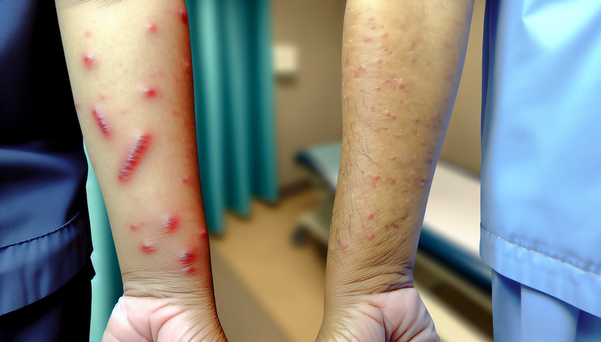 Primer plano de dos antebrazos de personas hispanas, uno con sarna mostrando pequeñas protuberancias rojas y surcos lineales, y el otro con eccema, caracterizado por piel seca y escamosa con parches rojos.