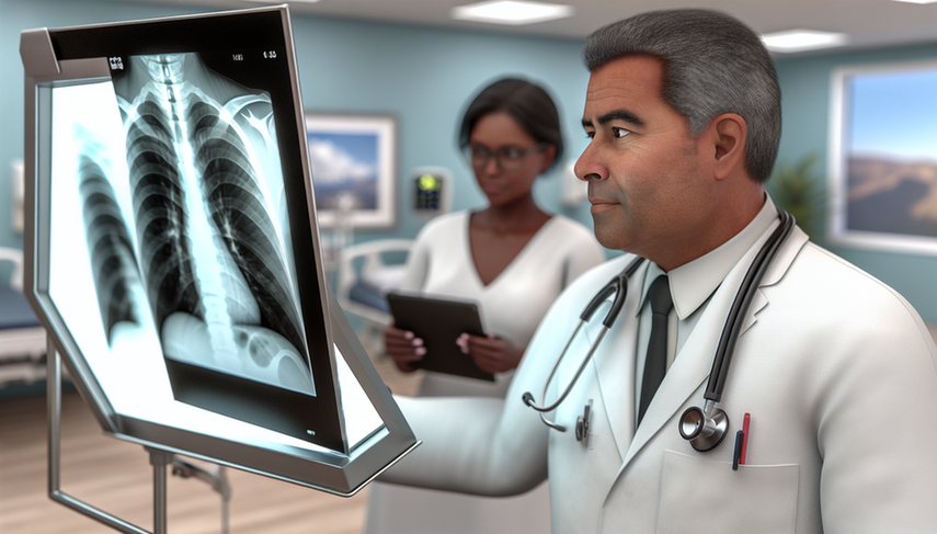 Un médico hispano de unos 40 años examina atentamente una radiografía de tórax que muestra edema pulmonar, diferenciando entre SDRA e insuficiencia cardíaca. Una enfermera hispana sostiene una tableta en el fondo, lista para asistir en un entorno hospitalario moderno y profesional.