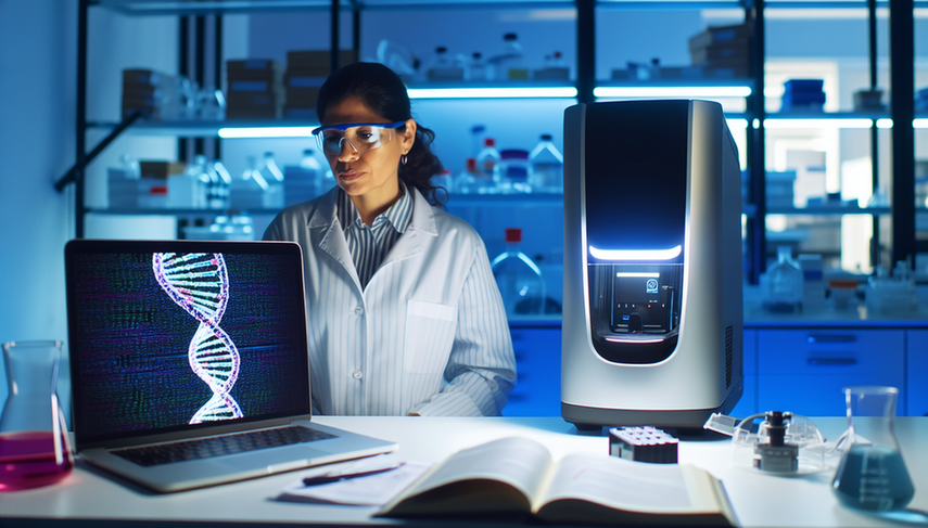 Científica hispana en laboratorio moderno, examinando una máquina de secuenciación genética avanzada. La pantalla muestra un patrón de hélice de ADN, simbolizando la innovación en medicina de precisión para el diagnóstico rápido de enfermedades raras.