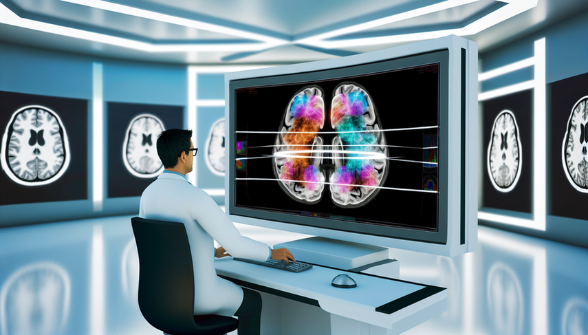 Modern radiology featuring a computer screen displaying vibrant 3D segmentation of the brain, emphasizing the role of AI tools in image segmentation. A Hispanic digital radiologist examines the image in an advanced medical software environment, highlighting its application in surgical planning.