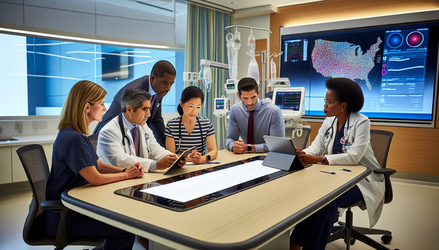 A diverse group of healthcare professionals, including a Hispanic physician, an Asian nurse, and a Black medical researcher, collaboratively discuss in a hospital meeting room. They are examining a digital tablet displaying a detailed patient segmentation graph, reflecting an innovative approach to personalized care plans for chronic conditions. The atmosphere is one of teamwork and determination.