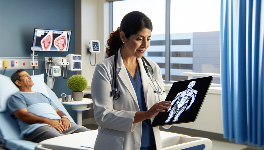Una doctora hispana en sus 40s, con bata blanca y estetoscopio, revisa un modelo 3D de un cuerpo humano en una tableta, simbolizando el uso de IA para el seguimiento oncológico. Un paciente hispano en sus 50s, sentado en una cama de hospital, observa a la doctora con una sonrisa esperanzada. La habitación moderna y bien iluminada refleja un entorno de cuidado integral y tecnología avanzada.