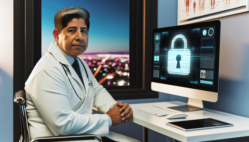 Modern medical office focused on data security, featuring a Hispanic physician in his 40s observing a computer screen displaying a digital lock symbol. In the background, a Hispanic nurse organizes files in a cabinet labeled 'Confidential.' This image emphasizes the critical importance of healthcare information protection, medical confidentiality, and regulatory compliance in the medical field.