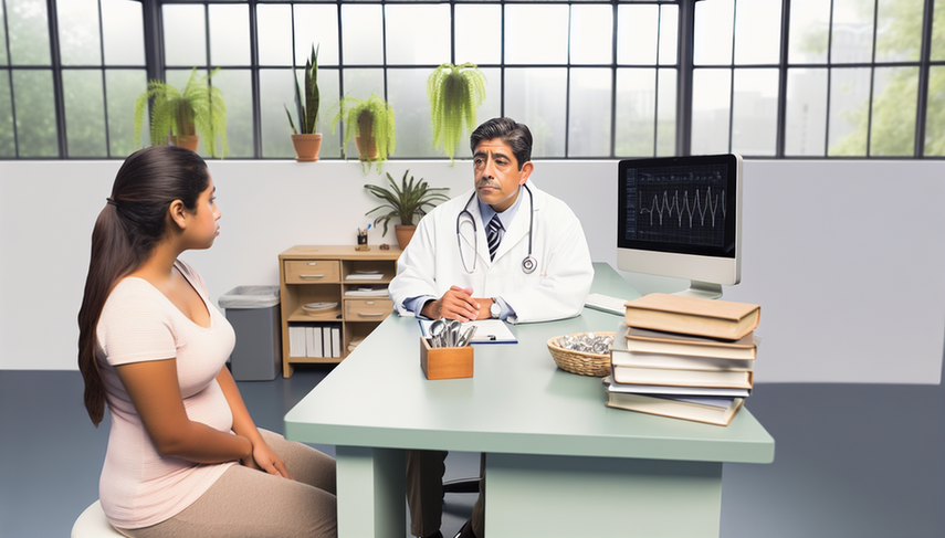 A middle-aged Hispanic physician in a white coat and stethoscope attentively explains to a young Hispanic patient in a well-lit medical office. On the desk, there are medical books and a computer displaying a chart, symbolizing the discussion about sertraline, SSRIs, and potential side effects like sexual dysfunction and serotonin syndrome. The atmosphere is professional and trustworthy, emphasizing the importance of dose adjustment in treatment.
