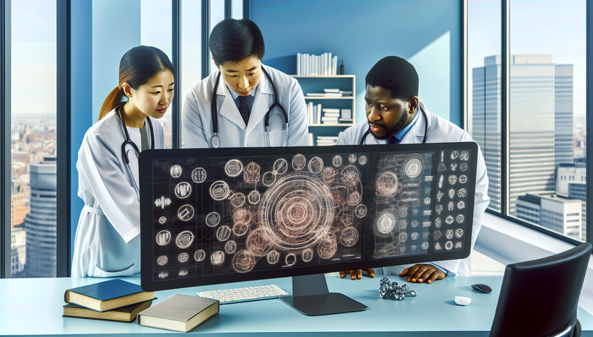 A diverse group of physicians, including a Hispanic woman, a Black man, and an Asian woman, engage in a discussion in a modern hospital office in front of a computer screen. They are analyzing a complex algorithm, symbolizing their collaboration to address algorithmic biases in medical diagnoses and promote health equity. Dressed in white coats and stethoscopes, they emphasize their professional expertise in the context of ethics in AI and biased machine learning.
