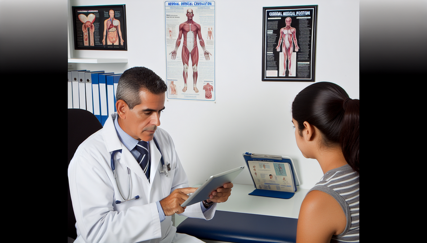 Consulta médica profesional con un doctor hispano de mediana edad explicando a una paciente joven hispana sobre úlceras genitales. El doctor señala un gráfico en una tableta que compara sífilis y herpes simple. La paciente está sentada en una camilla, atenta a la explicación. El ambiente es ordenado y profesional.