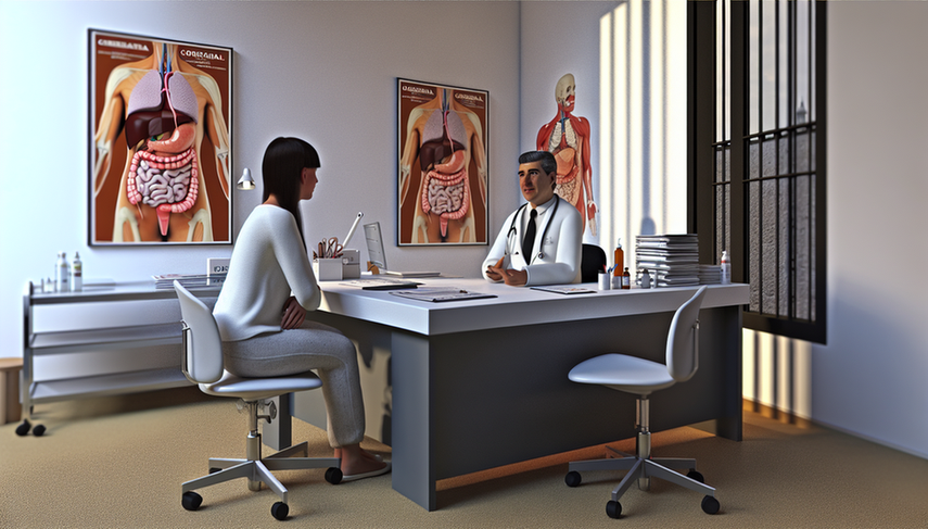 Medical consultation room in Spain with a doctor explaining gastrointestinal health to a young patient. The desk features medical charts and a model of the digestive system, while the walls display anatomical posters of the digestive tract. This scene emphasizes the importance of differentiating between irritable bowel syndrome and inflammatory bowel disease, particularly in the context of chronic abdominal pain and inflammatory markers, relevant for colonoscopy assessments.