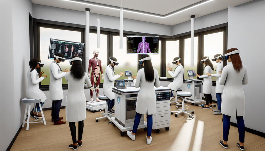 Un grupo diverso de estudiantes de medicina, incluidos individuos de ascendencia hispana, participan en una simulación clínica virtual usando cascos de realidad virtual en una sala de entrenamiento médico moderna. La sala está equipada con tecnología avanzada, incluyendo un modelo anatómico 3D en una computadora y una pantalla digital que muestra un escenario de paciente virtual. Los estudiantes interactúan con datos médicos holográficos, reflejando un ambiente de innovación en la educación médica.