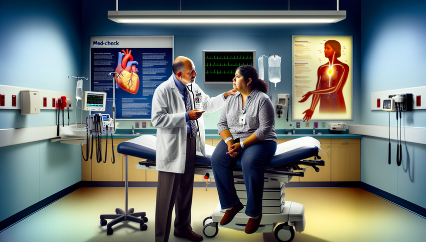 Un médico hispano de mediana edad escucha atentamente a una paciente joven en una consulta médica moderna. La paciente, que parece ansiosa, lleva una pulsera médica. En la pared, hay un diagrama del corazón humano, sugiriendo una discusión sobre arritmias. La imagen destaca la empatía y comprensión en la interacción médica.
