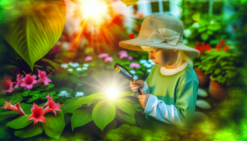 Niño de aproximadamente 8 años con piel clara y cabello rubio, sentado en un jardín soleado, usando un sombrero de ala ancha y ropa de manga larga para protegerse del sol. El niño examina una hoja con una lupa, simbolizando la curiosidad y la importancia de la protección solar en el contexto de la fotosensibilidad, relevante para el síndrome de Cockayne y su diferenciación con xeroderma pigmentoso.
