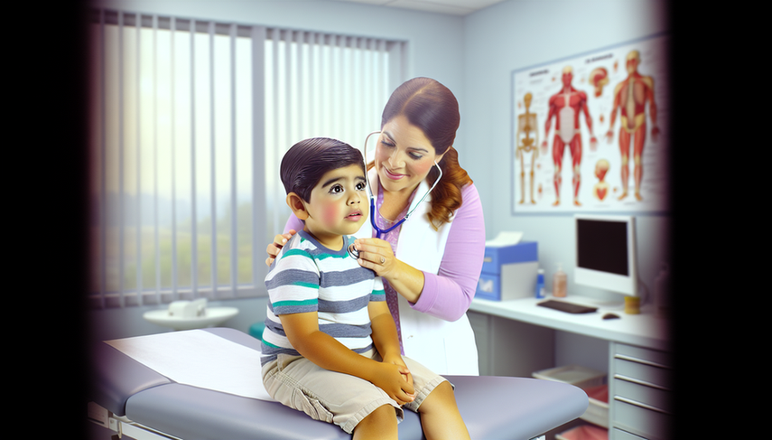 Un niño de aproximadamente 5 años con síndrome de Cornelia de Lange, mostrando características faciales como cejas arqueadas y pestañas largas, es examinado por una pediatra hispana en un consultorio médico bien organizado.