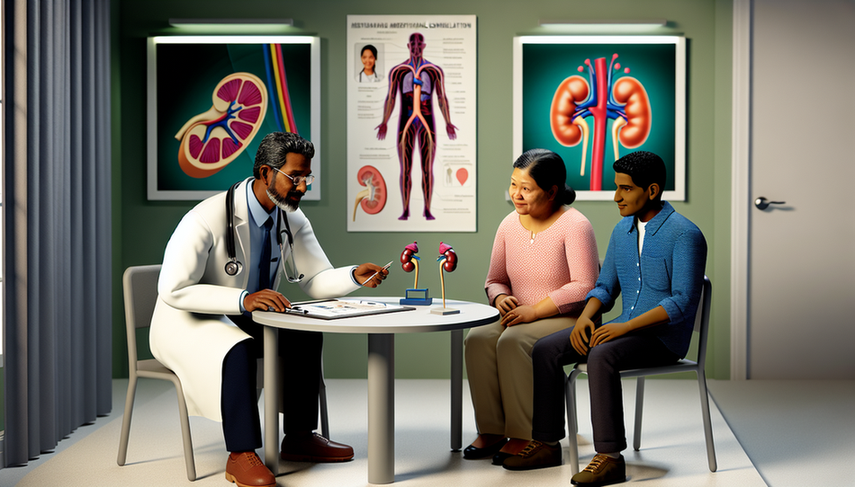 Consulta médica en la que un doctor hispano de mediana edad explica un diagrama del riñón a una familia hispana, destacando el aspecto educativo del síndrome de Alport y la diferenciación de nefropatía IgA. En la mesa hay un modelo de riñón, y en la pared, un póster del sistema urinario humano.