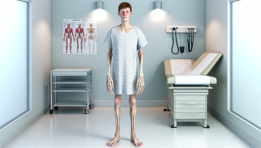 Fotografía de un joven adulto de ascendencia europea en una sala de examen clínico, vistiendo una bata de hospital. Sus extremidades y dedos alargados, característicos del síndrome de Marfan, son prominentes. Se observa una ligera apertura de su boca que revela un paladar alto. En el fondo, se aprecia un consultorio médico típico con un gráfico médico en la pared y un modelo de esqueleto humano.