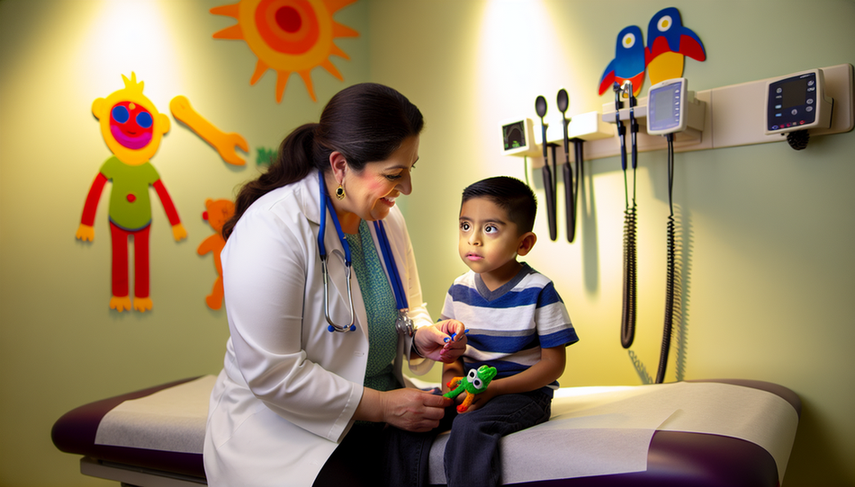 Five-year-old Hispanic boy with Prader-Willi syndrome, exhibiting neonatal hypotonia and hyperphagia, sitting on an examination table in a pediatric clinic. The child displays a curious expression and physical features characteristic of the syndrome. A Hispanic pediatrician engages with him, holding a colorful toy. The setting is warm and professional, decorated with child-friendly elements, ideal for Angelman differentiation and 15q11-q13 deletion discussions.