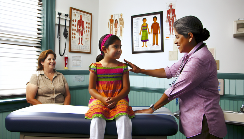 A Hispanic girl approximately 8 years old sits on an examination table in a pediatrician's office, where a middle-aged Hispanic female pediatrician shows her a growth chart. The pediatrician explains the importance of monitoring growth to the girl and her attentive mother. This image illustrates an educational and calm environment, emphasizing the significance of identifying short stature in the context of Turner syndrome, karyotype 45,X, and associated conditions like ovarian dysgenesis and growth differentiation delay.