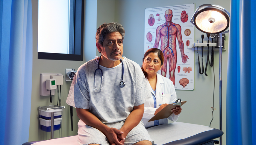 A middle-aged Hispanic patient with an attentive and slightly worried expression is seated on an examination table in a medical office. A Hispanic female doctor, wearing a white coat and stethoscope, is reassuringly explaining something while holding a clipboard. Behind them, there is an anatomical chart of the human nervous system. The scene reflects a professional and caring environment, pertinent to the discussion on Guillain-Barré syndrome, ascending weakness, EMG findings, and the differentiation from chronic polyradiculoneuropathy, including lumbar puncture considerations.