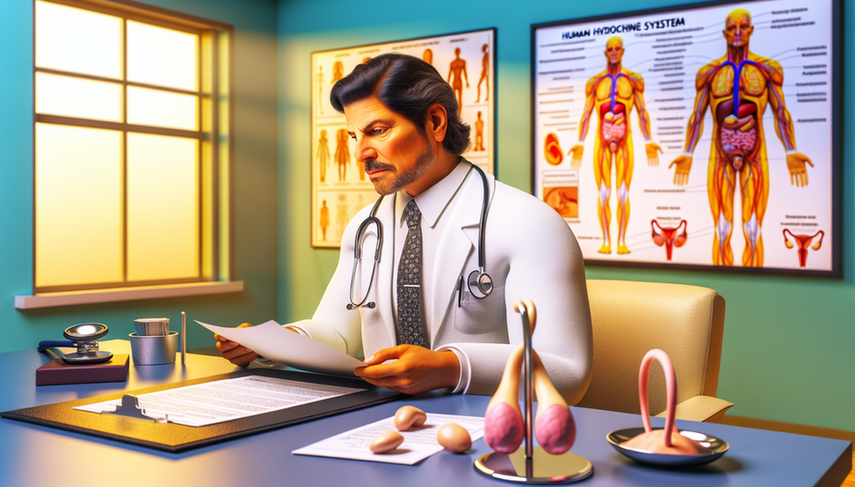 A middle-aged Hispanic doctor attentively reviewing a medical history at a desk, surrounded by anatomical models of the male reproductive system and endocrine glands, emphasizing the focus on hypogonadism. In the background, a detailed poster of the human endocrine system. The image conveys a professional and warm environment, suitable for discussing Klinefelter syndrome, karyotype 47,XXY, and differentiation of primary hypogonadism and pubertal signs.