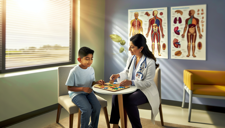 Una clínica pediátrica iluminada con colores pastel suaves. Un niño hispano de 8 años juega con un rompecabezas, mientras una doctora hispana le señala una pieza. En la pared, un póster del cuerpo humano destaca los riñones y las articulaciones, sugiriendo procesos metabólicos relacionados con el síndrome de Lesch-Nyhan y la hiperuricemia.