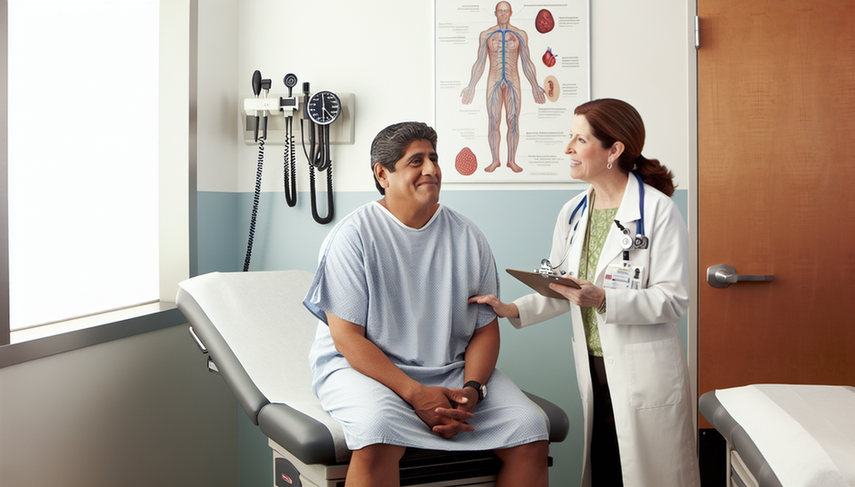 Middle-aged Hispanic patient in a modern medical examination room, attentively listening to a Hispanic doctor who is explaining with a reassuring smile. The image conveys a professional and warm environment, ideal for discussing topics such as Shy-Drager syndrome, autonomic dysfunction, and atypical parkinsonism, with an emphasis on the importance of magnetic resonance imaging in differential diagnosis.