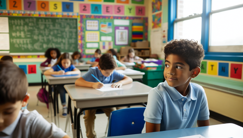 A Hispanic boy approximately 10 years old sitting at a school desk, displaying an involuntary facial expression indicative of a transient tic. The scene takes place in a bright and welcoming classroom, with other children focused on their tasks and a Hispanic teacher explaining mathematical equations on the blackboard, highlighting the context of Tourette syndrome and the differentiation of motor and vocal tics.
